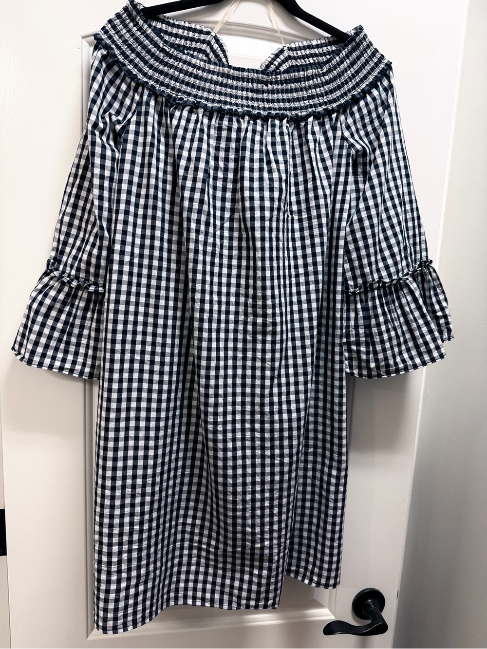 crown & ivy Navy and White Gingham Off-Shoulder Midi Dress